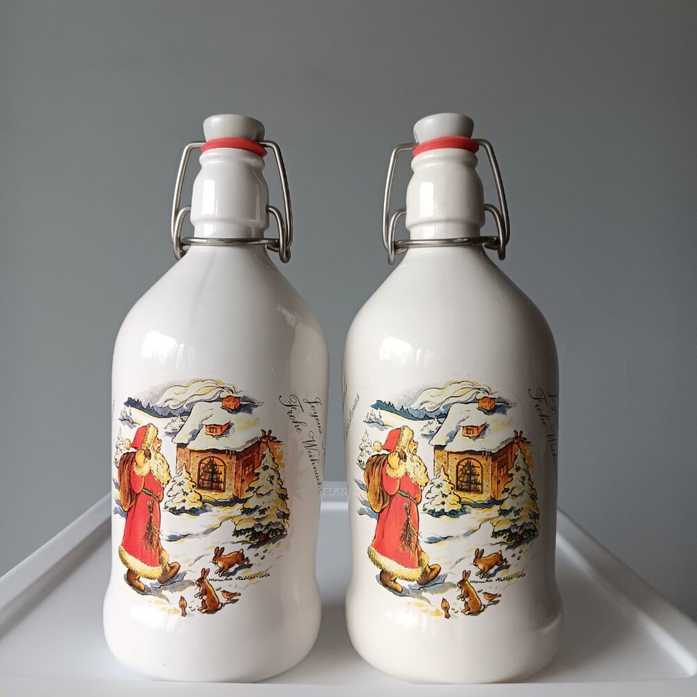 Vintage Pair German Christmas Ceramic Bottles Santa Jubelfest Steinbiere 8"